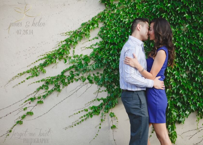 engaged couple kissing in front of ivy wall at columbus ohio photography engagement