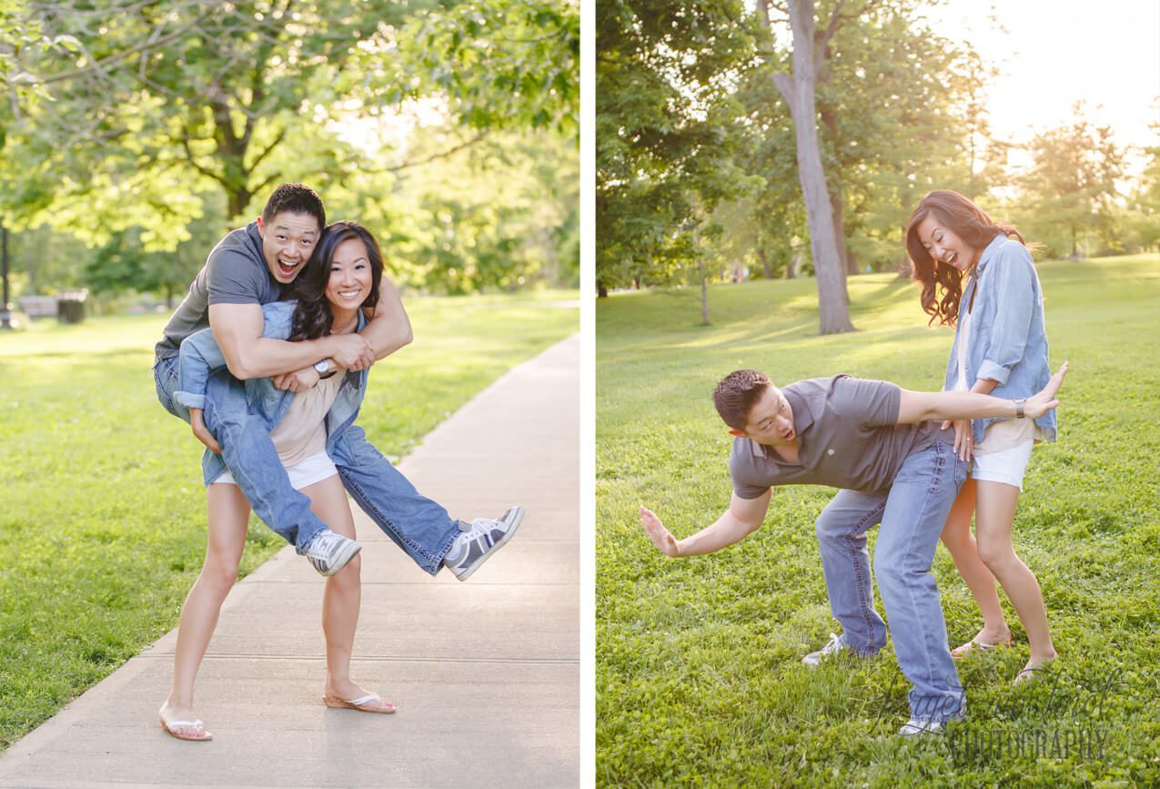 columbus ohio photography engagement of couple giving piggyback rides