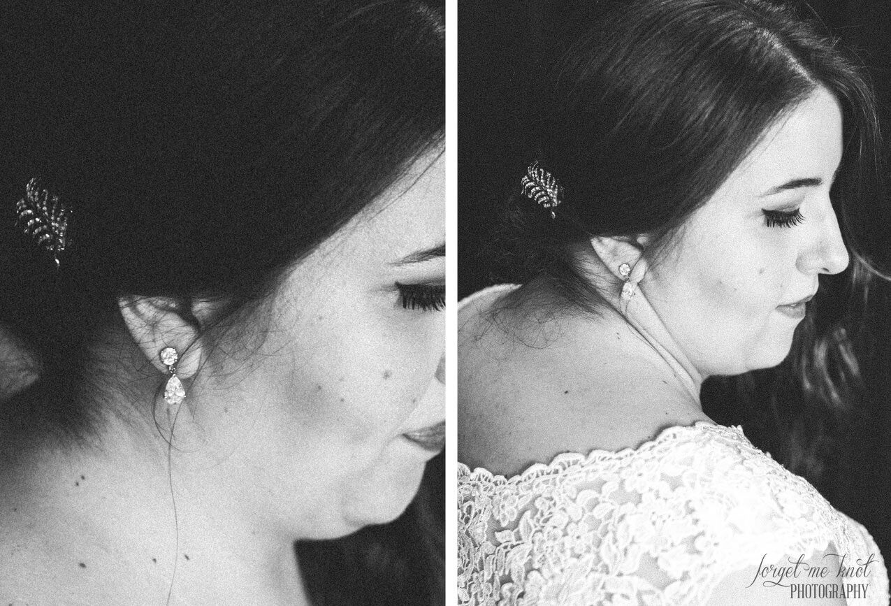 black and white photo of brides earrings