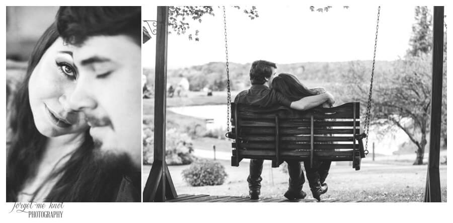 black and white photo of engaged couple swinging