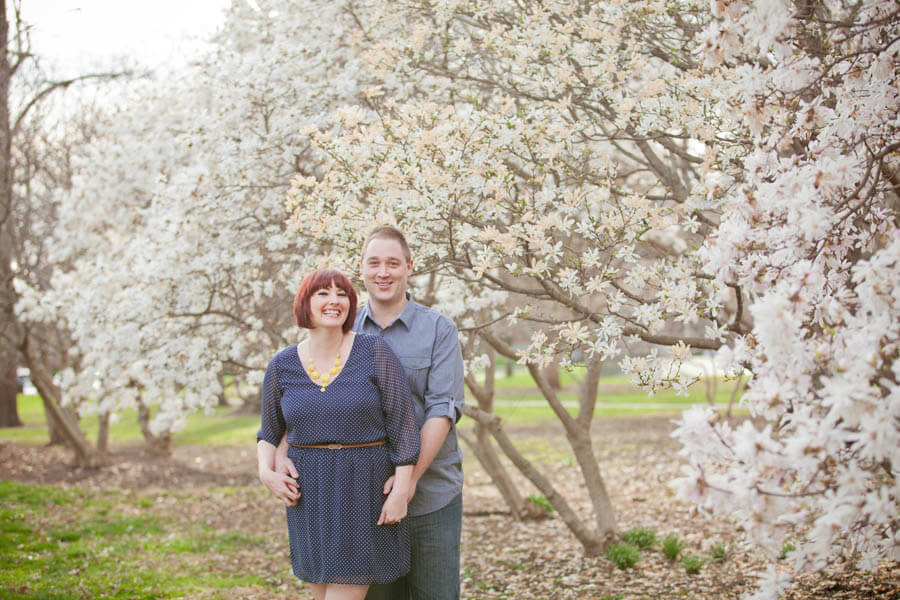 engagement photo of couple smiling at goodale park columbus ohio