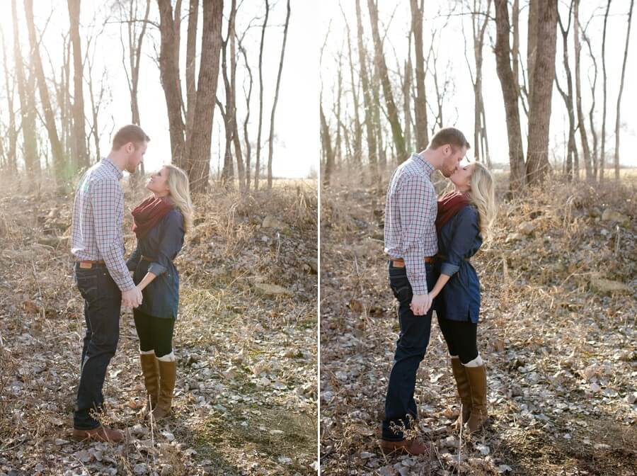 engagement photos of couple kissing near north bank park