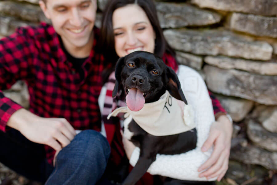 engagement photo of couple and their dog with tongue sticking out at osu