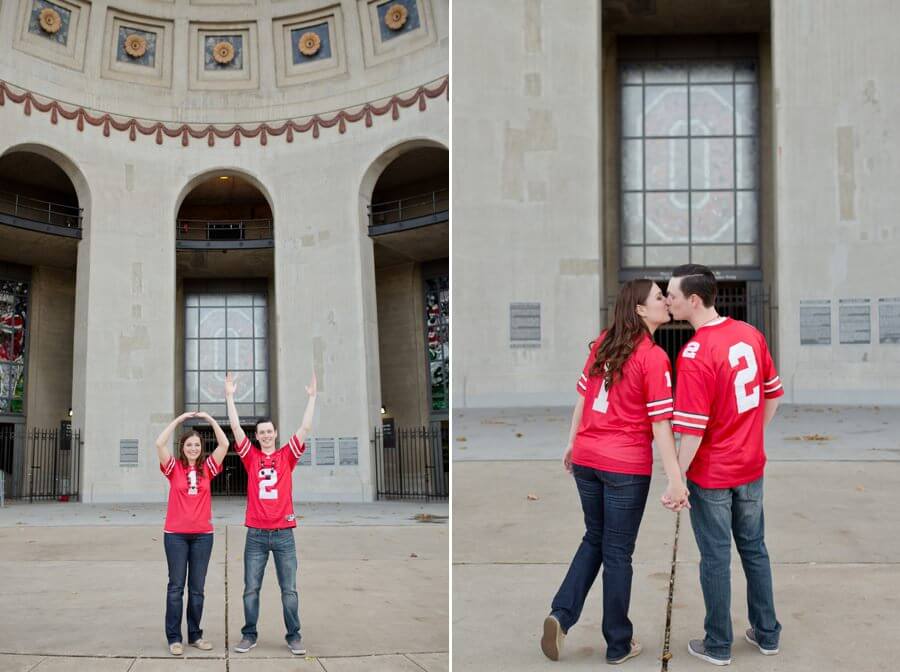 engagement photo of couple showing their team spirit at ohio state rotunda
