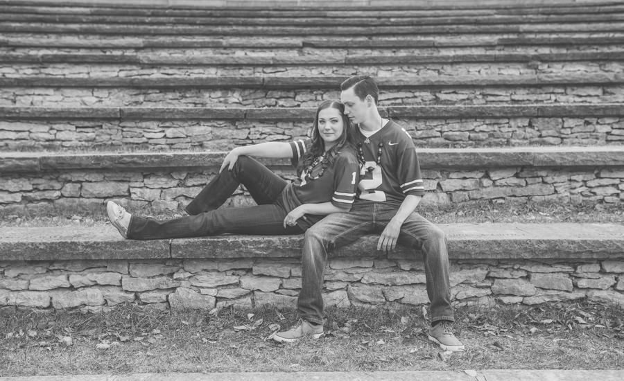 engagement photo of couple at mirror lake ohio state university