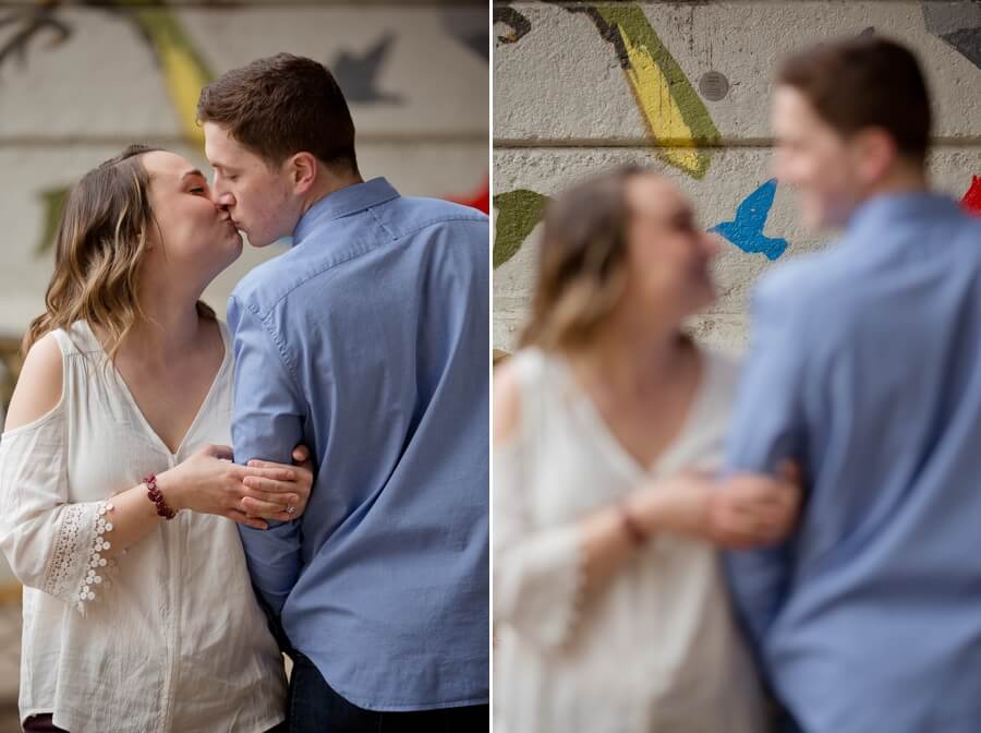 engaged couple kissing at Glen Echo Park