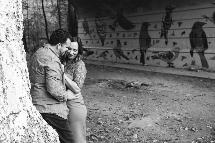 black and white photo of engaged couple cuddling at Stauf's Grandview Engagement