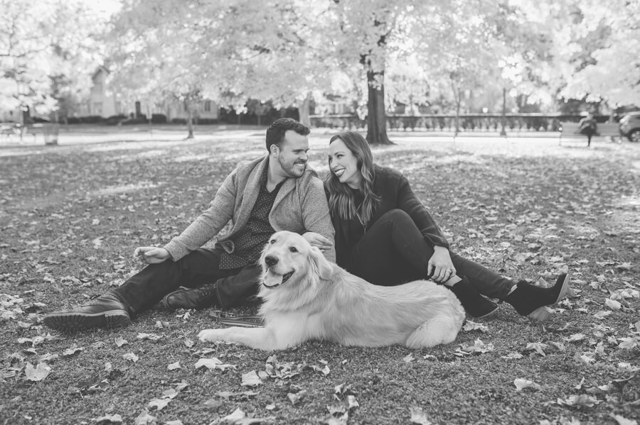 black and white photo with their dog at Stauf's Grandview engagement session