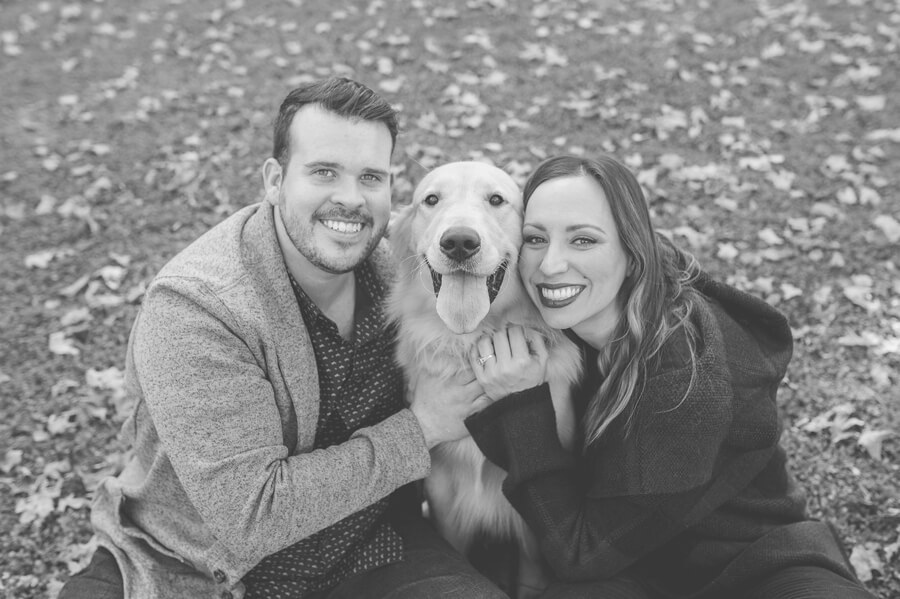 black and white photo of engaged couple with dog at Stauf's Grandview Engagement