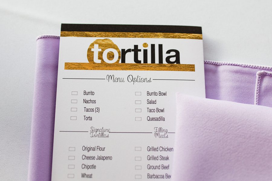 food truck tortilla menu at Rustic Barn Wedding