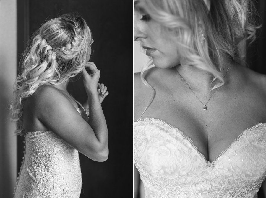black and white photo of brides braid and necklace