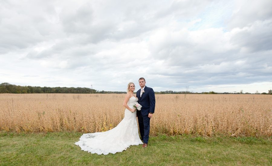 wide photo of a bride and groom in a field at a barn wedding in ohio