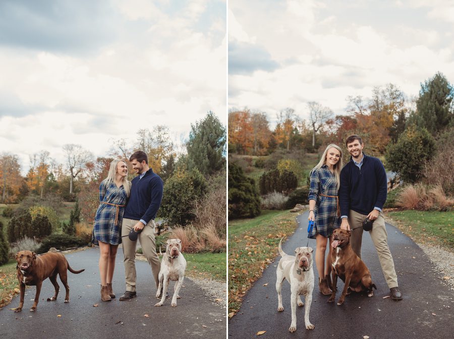 engaged couple with dogs at Dawes Arboretum Engagement