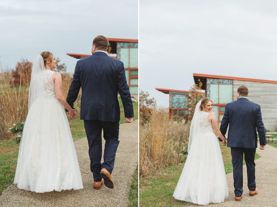bride and groom walking towards wedding venue grange audubon