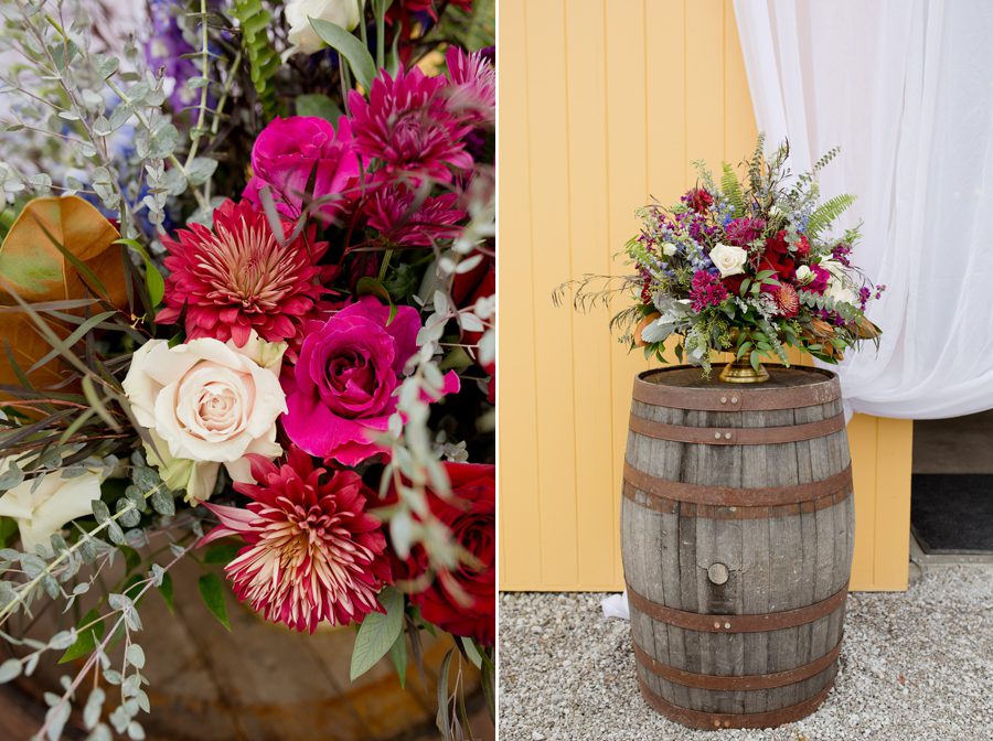 floral arrangement on barrel at jorgensen farm
