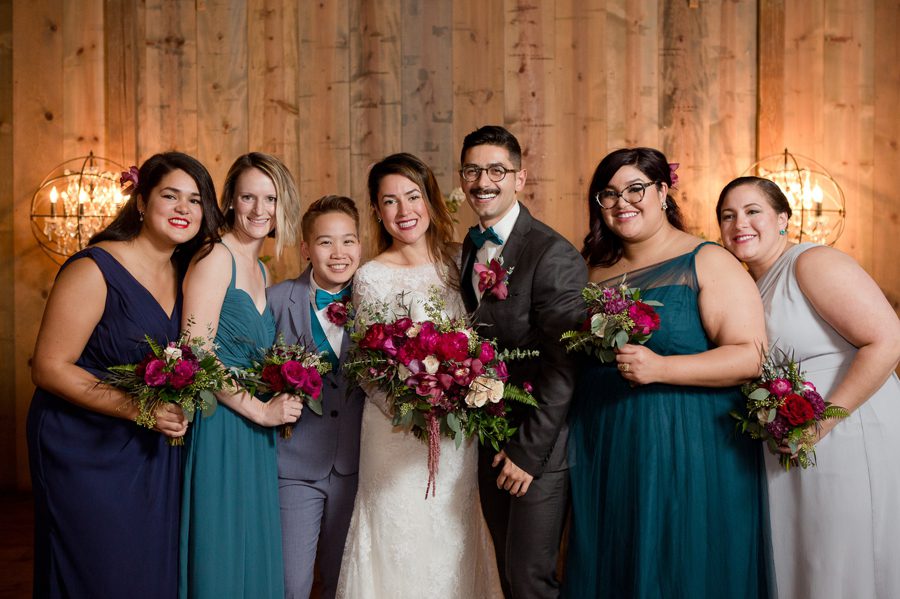 close up photo of bride and her bridal party at jorgensen farm