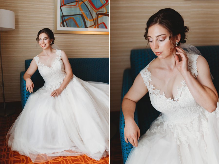 bride sitting on couch looking out window