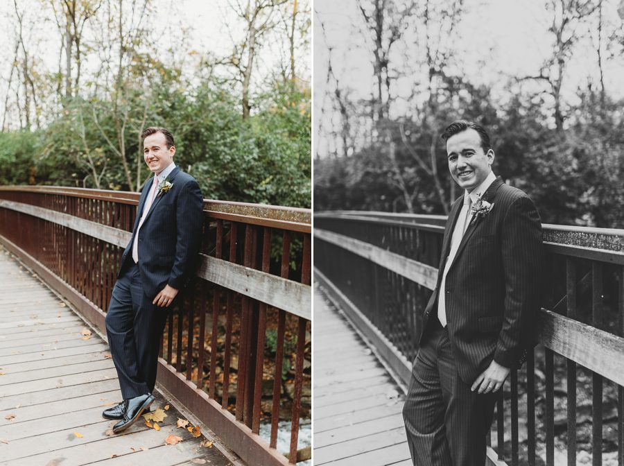 groom leaning on side of bridge at la scala wedding