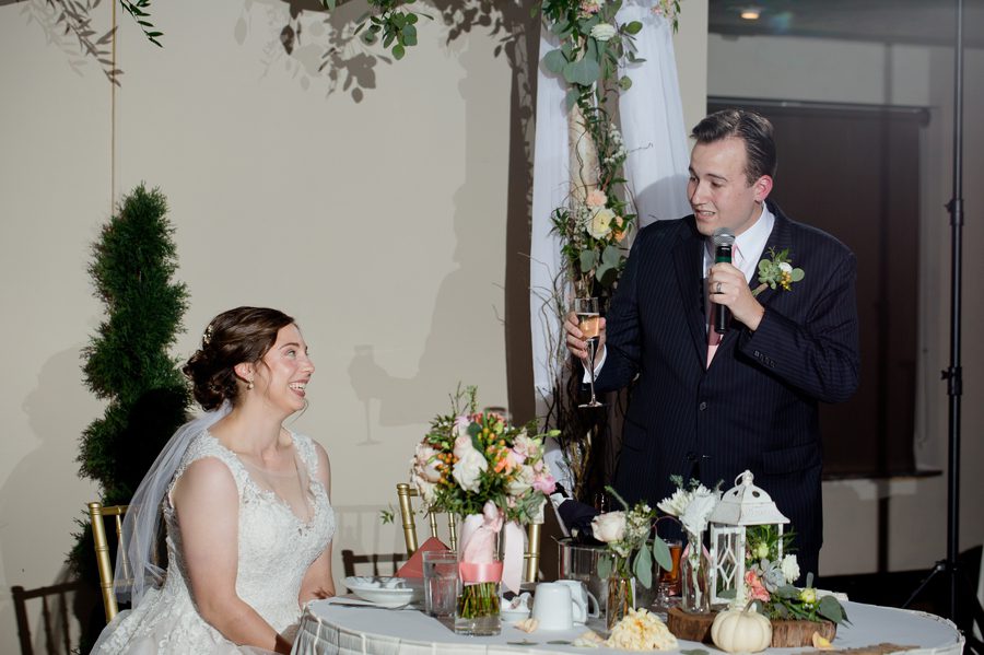 groom giving toast at wedding at la scala