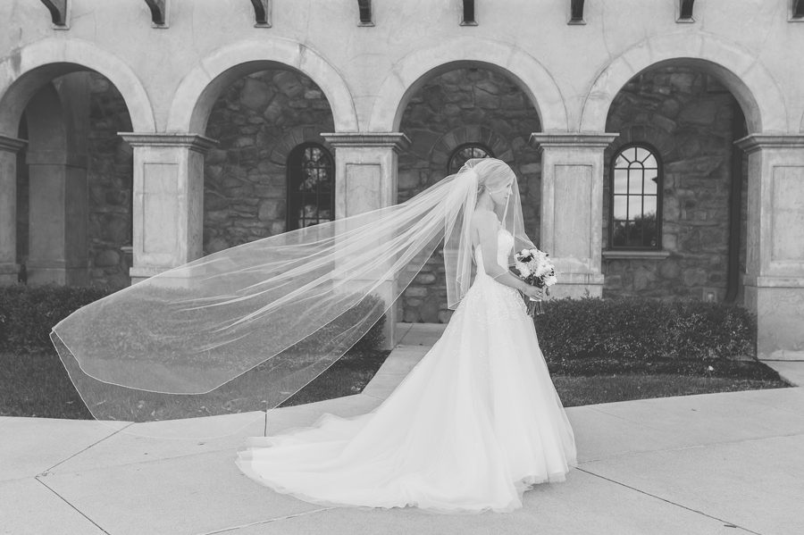 black and white photo of bride with flying veil at The Corazon Dublin Ohio