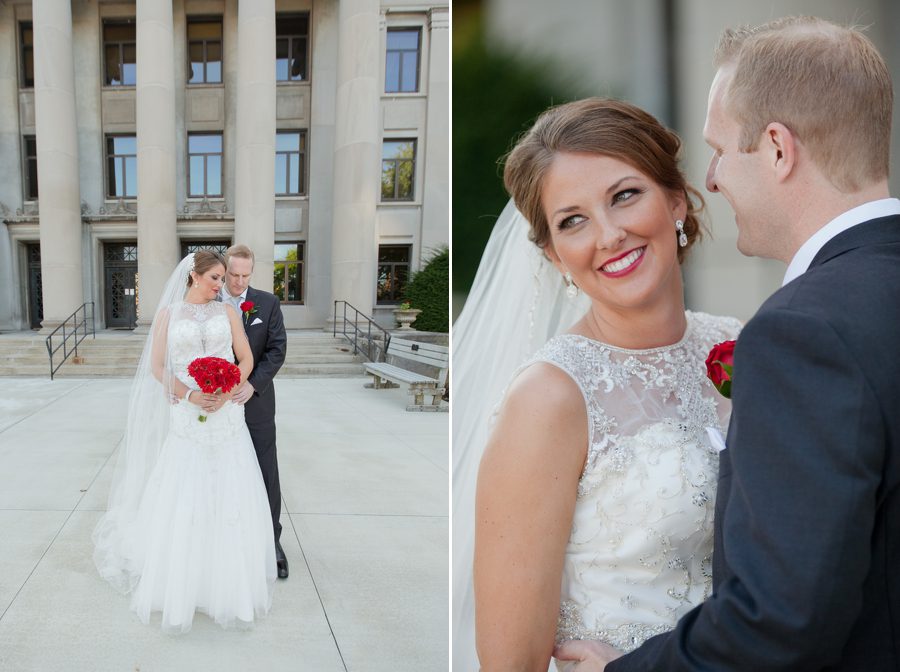 bride and groom laughing near grand lake galleria in celina ohio