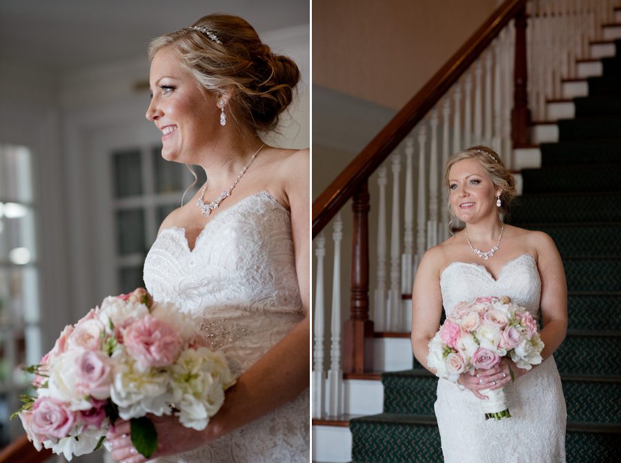 bride looking out window on staircase