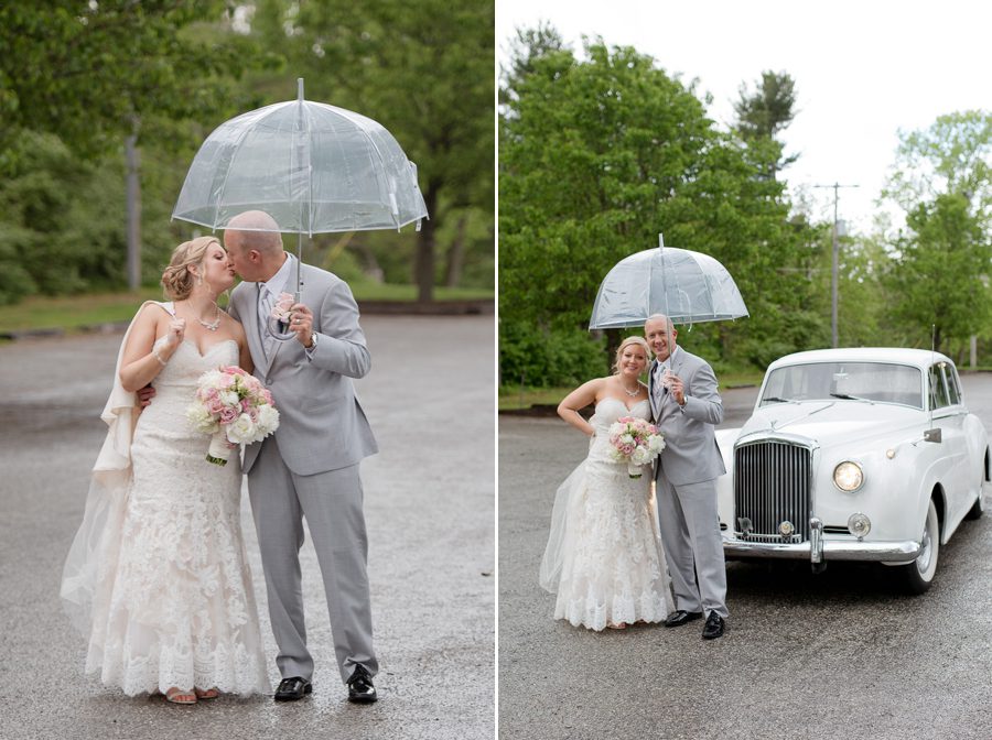 bride and groom under umbrella at liberty presbyterian church