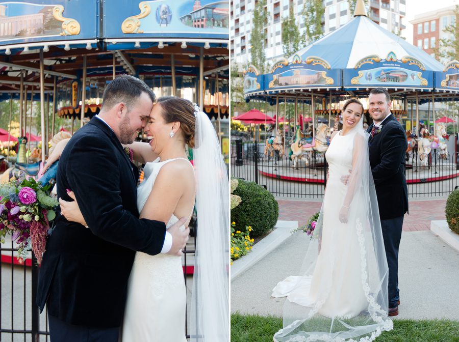 bride and groom with foreheads together near the westin