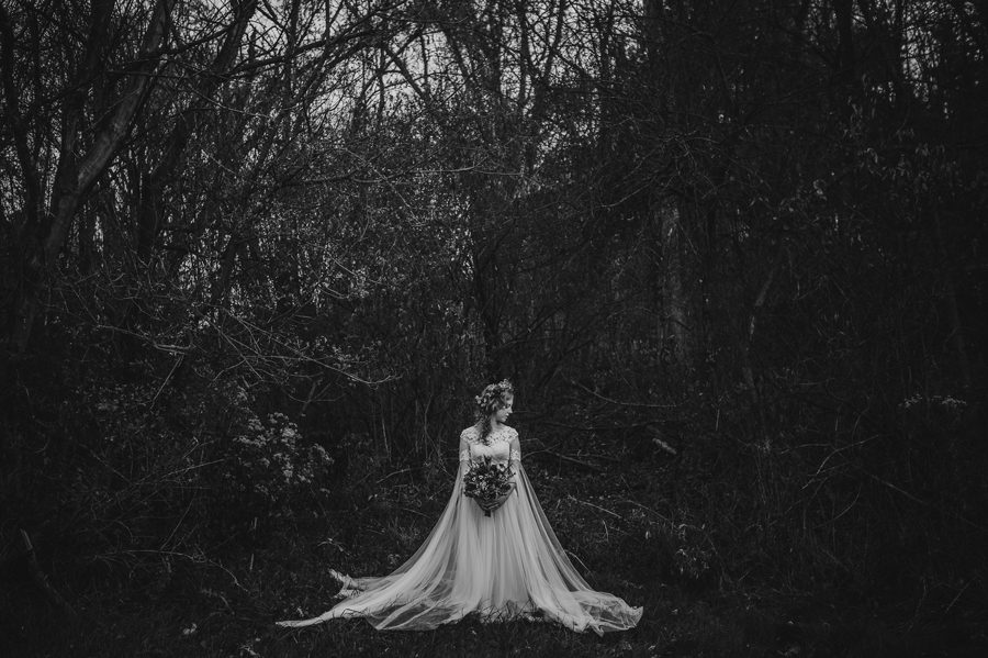 wide black and white photo of bride at newark ohio wedding
