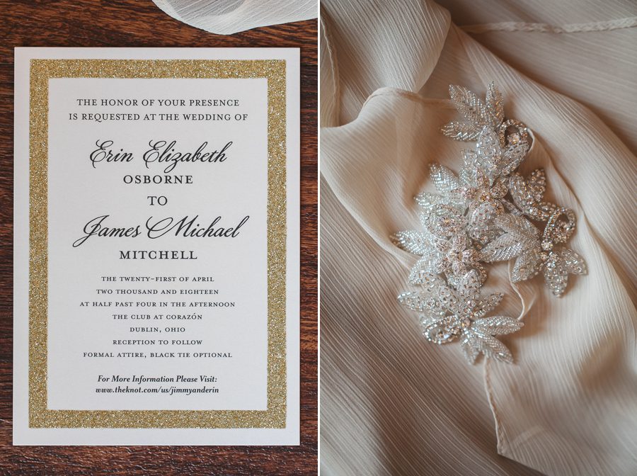 wedding invitation and brides hair piece