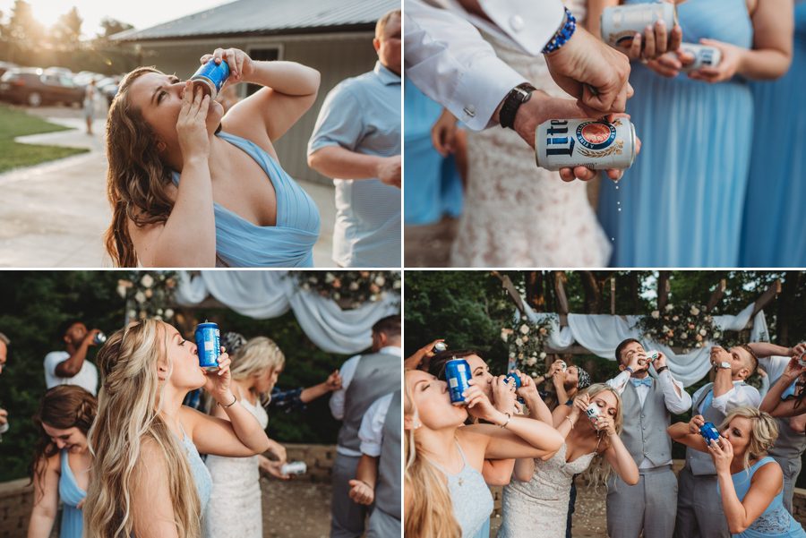 wedding party shotgunning beer at Pine Lodge Wedding