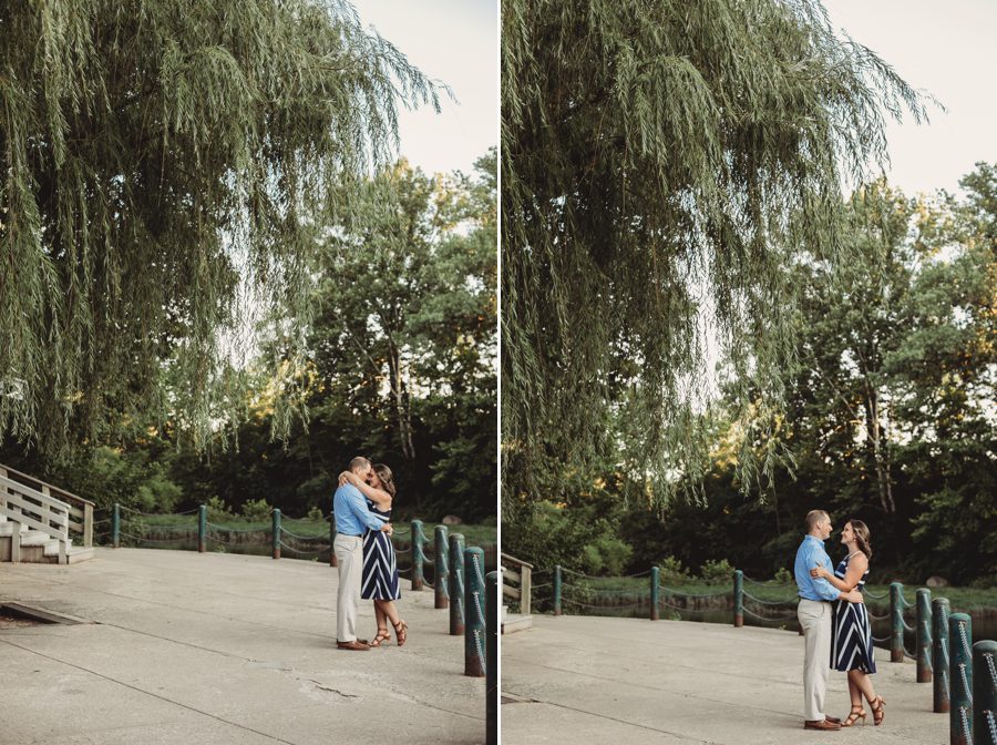 creekside gahanna engagement of couple under willow tree