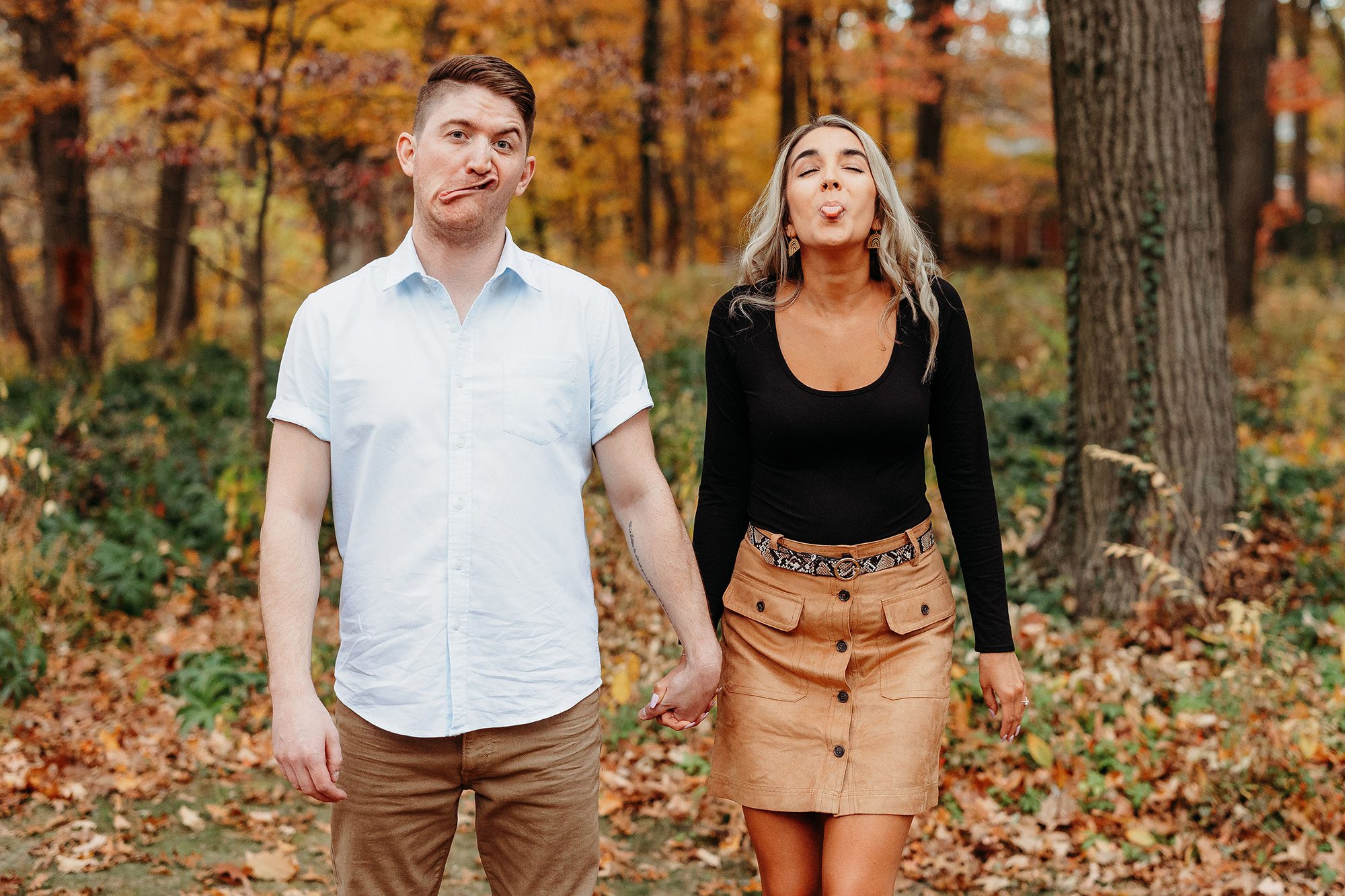 engaged couple making silly face at Inniswood Metro Gardens