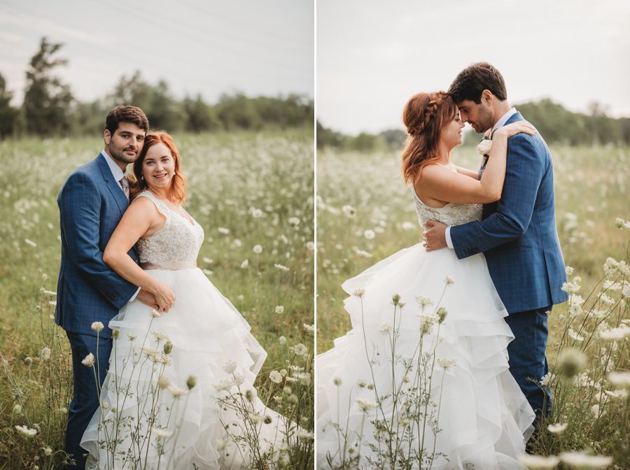 bride and groom with foreheads together in flower field at Brookshire Event Center