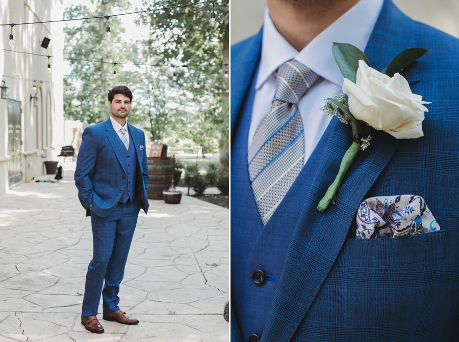 groom in patterned blue suit and tie at Brookshire Event Center