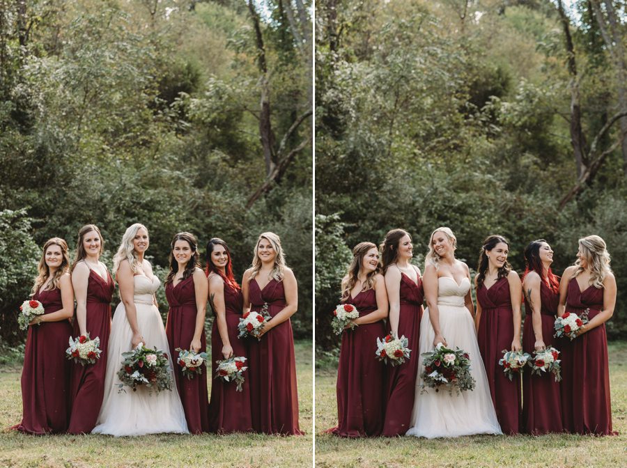 bridesmaids wearing wine colored dresses laughing with bride at Butler Ohio Wedding Photos