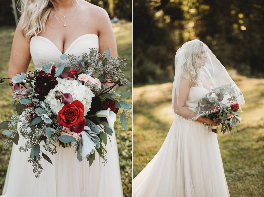 bridal bouquet with deep reds and blush