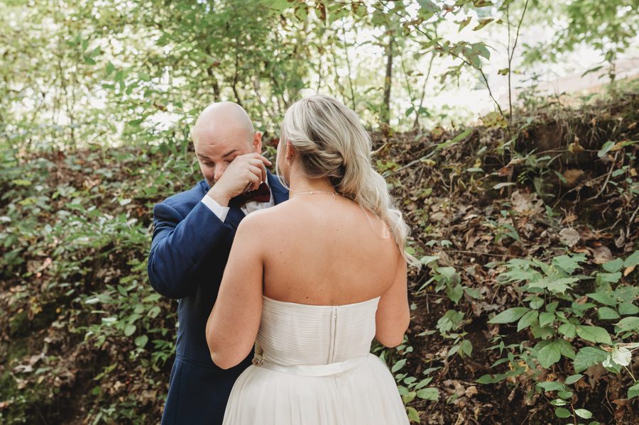 emotional groom during first look at Butler Ohio Wedding Photos