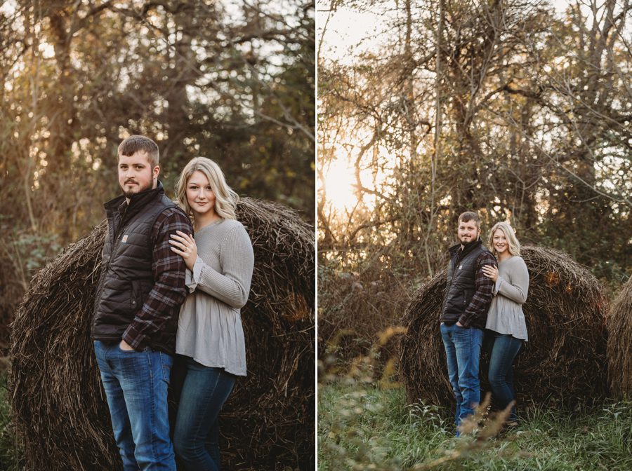 Camping Engagement Photos in Mount Vernon Ohio of engaged couple standing in front of hay bails