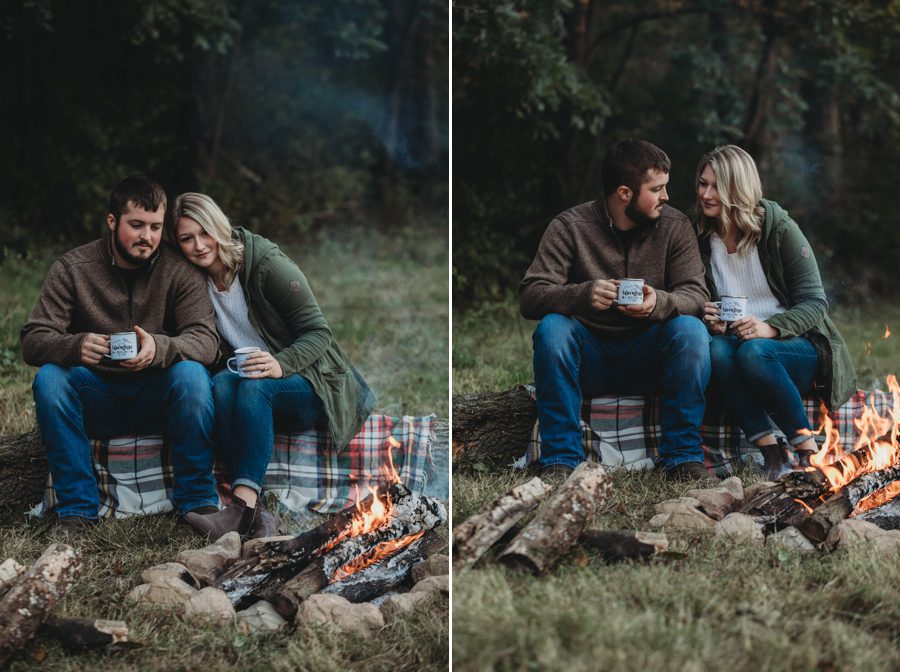 engaged couple sitting on log by a bonfire for Camping Engagement Photos in Mount Vernon Ohio