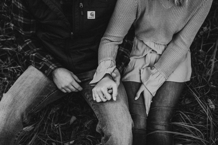 black and white close up image of engaged couple holding hands in Mount Vernon Ohio