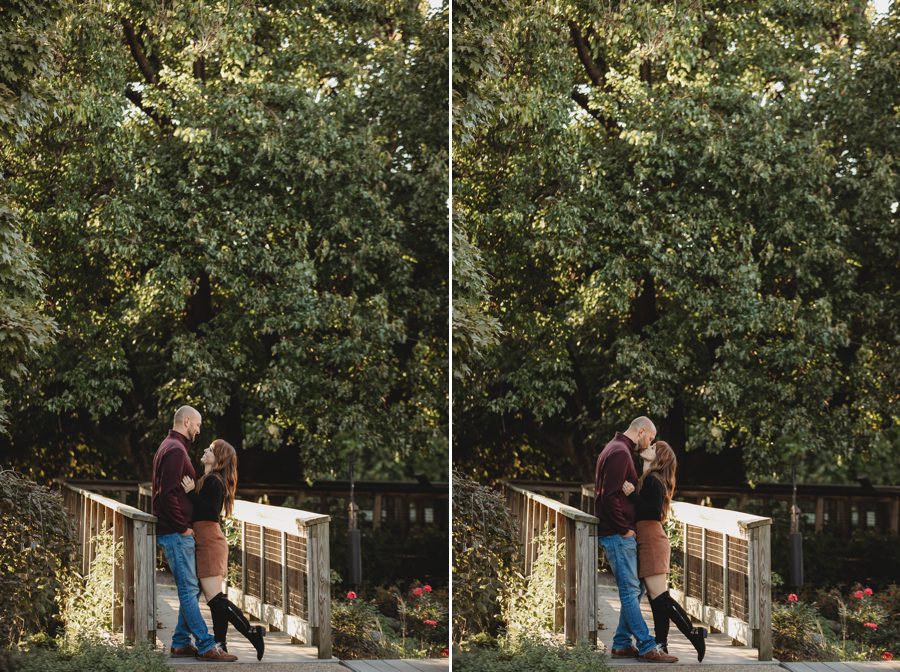 Engagement Photos at Grange Audubon of engaged couple kissing on bridge walkway