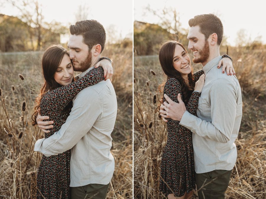 Homestead Park Engagement of woman hugging her fiancé in a field at sunset