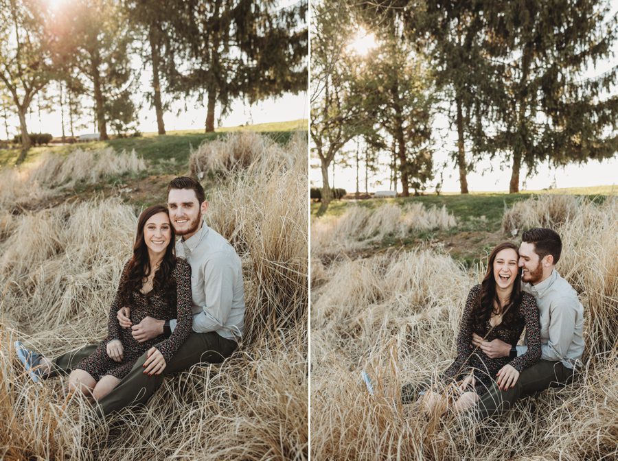 engaged couple sitting in field at Homestead Park Engagement