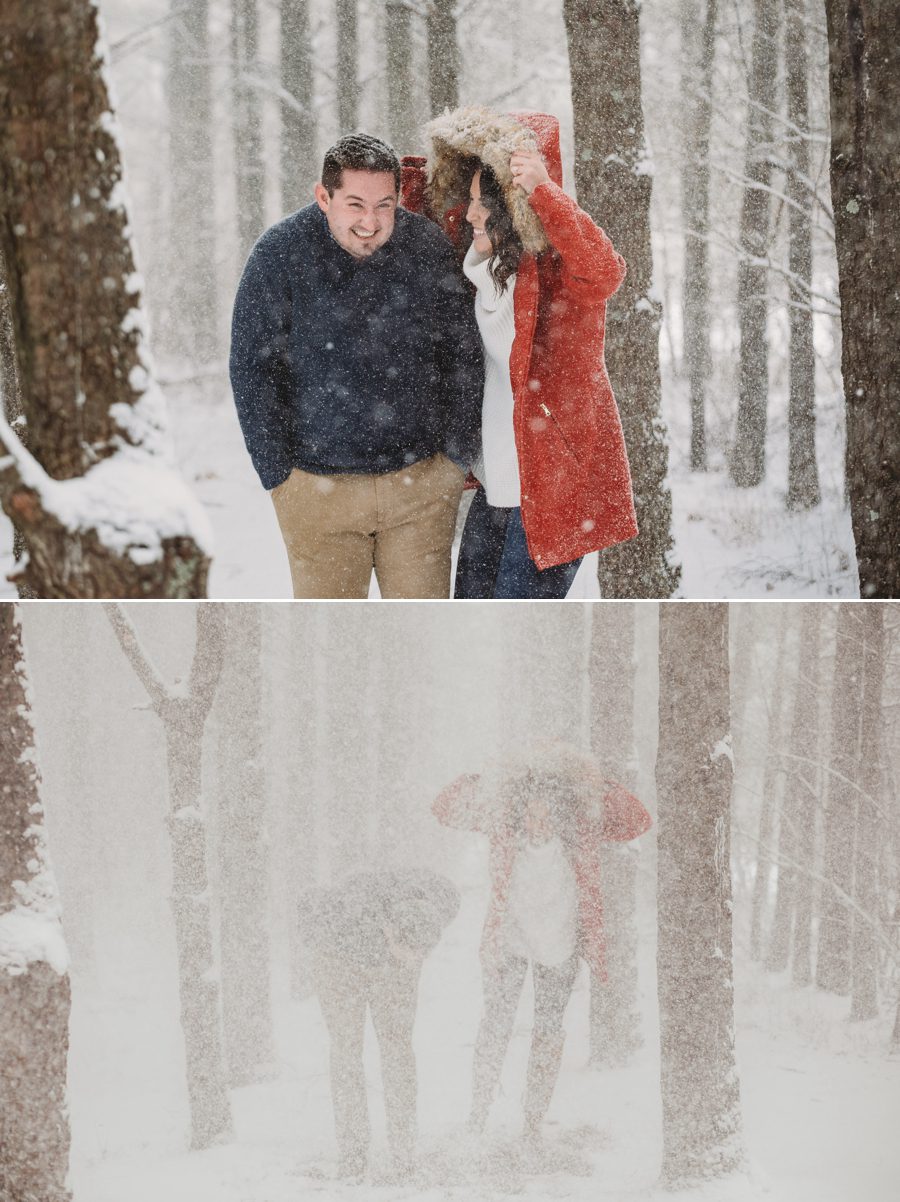 blooper of engaged couple in a snow drift at Hoover Reservoir Engagement
