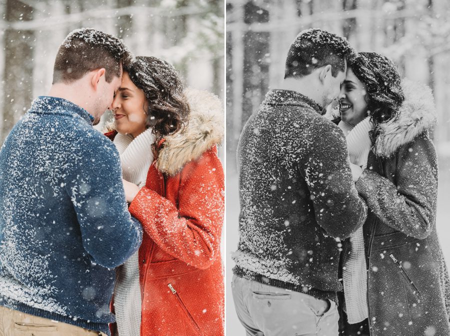 engaged couple with foreheads together in the snow at Hoover Reservoir Engagement