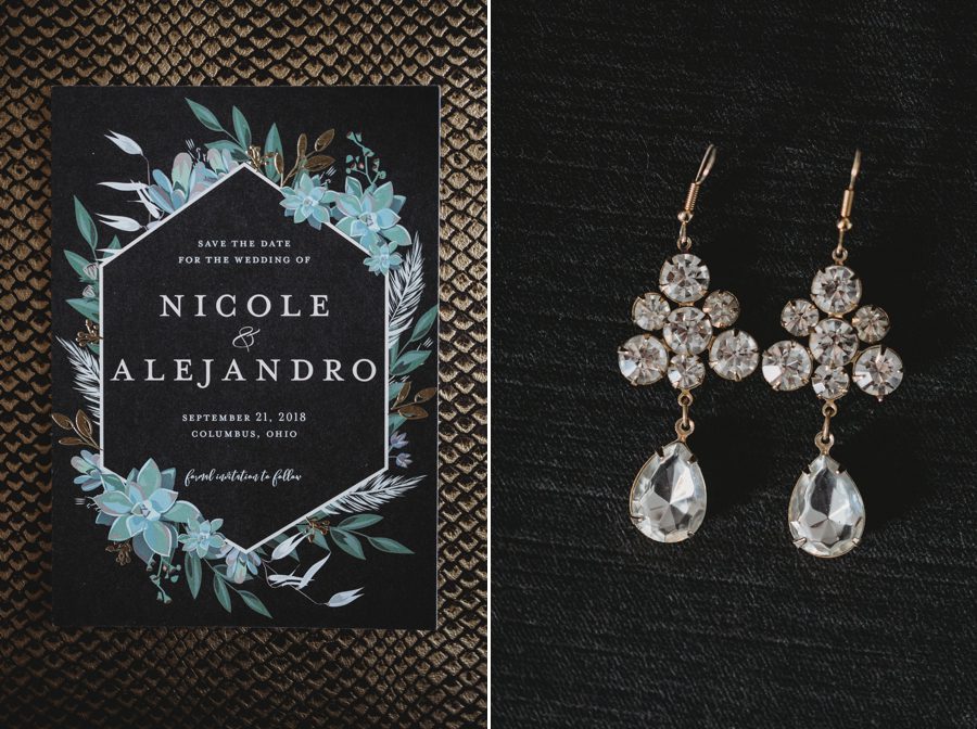 wedding invitation and dangle rhinestone earrings