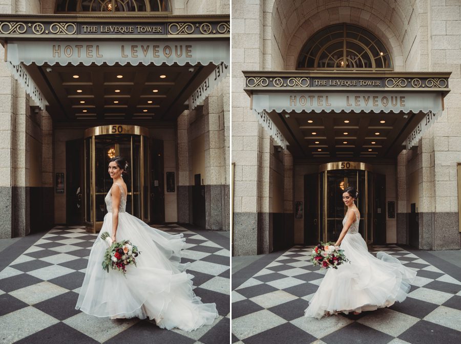 bride twirling outside of Hotel LeVeque
