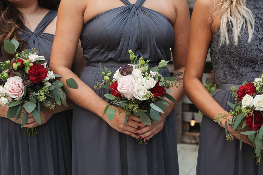 grey bridesmaids dresses with jewel tone bouquets