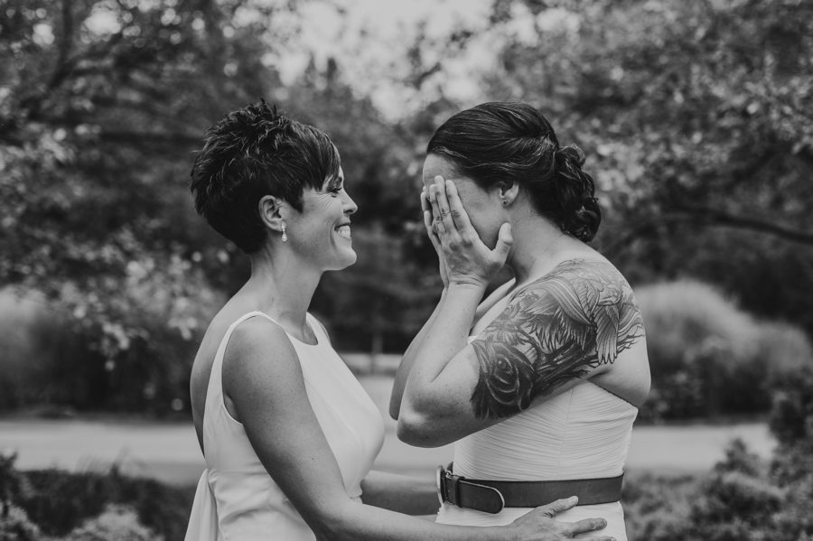 black and white photo of emotional bride at Inniswood Micro Wedding